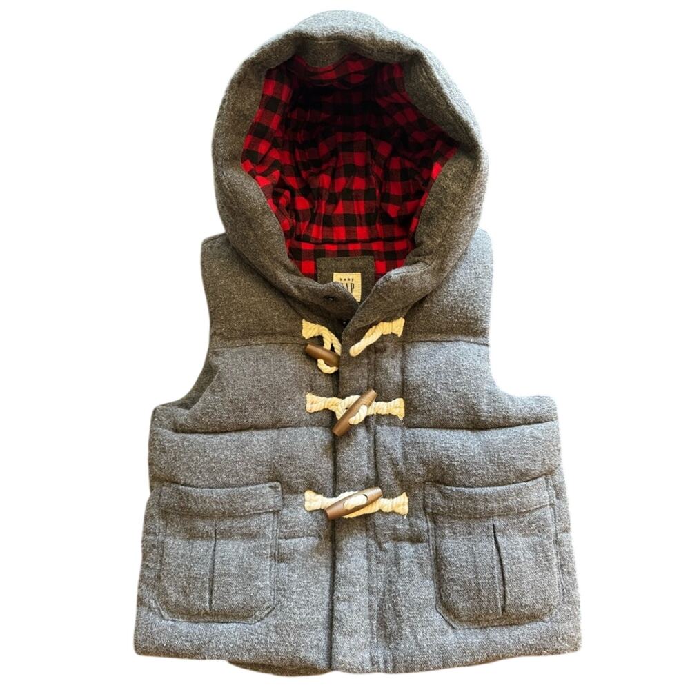 Baby Gap Hooded Toggle Buffalo Plaid Heavy Vest Size 12-18 Months Gray
